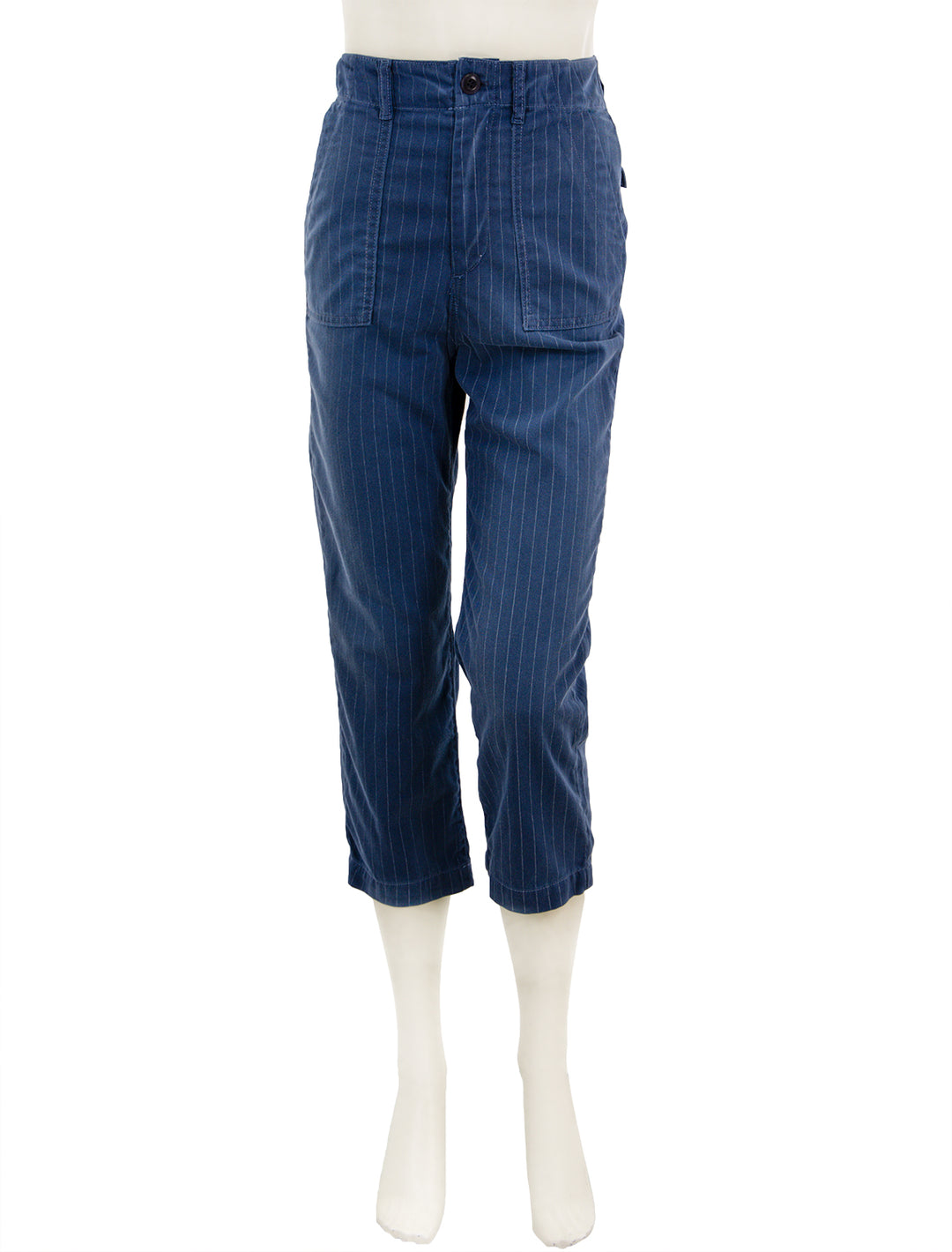 Front view of The Great's the ranger pant in dark indigo pin stripe.