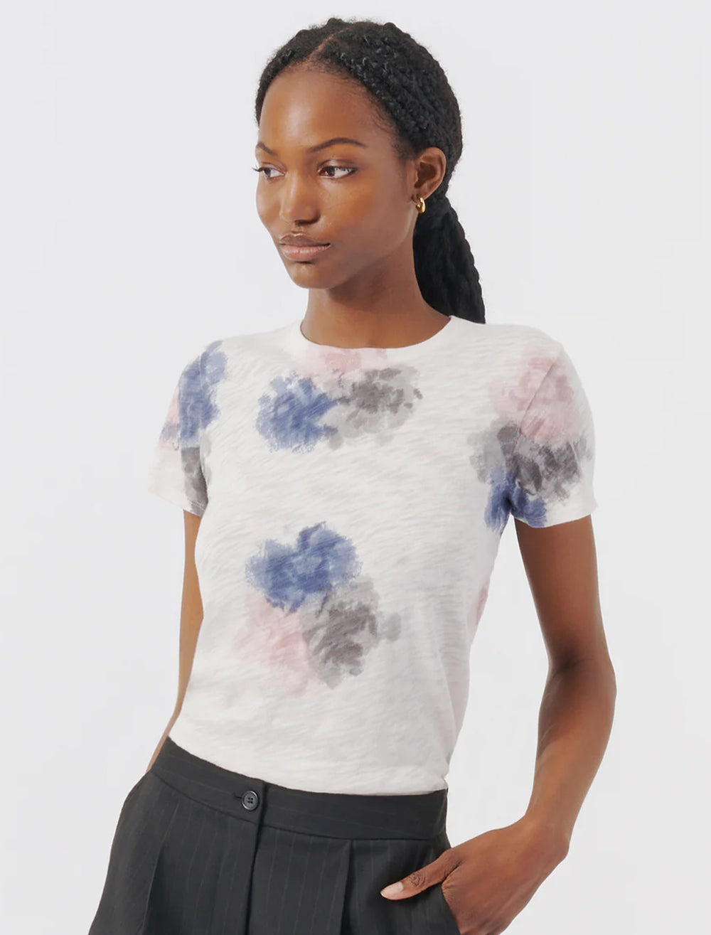 Model wearing ATM's floral school boy short sleeve tee.
