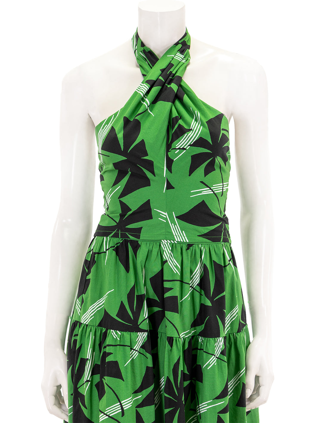 Front view of STAUD's smocked kai top in green pinwheel.