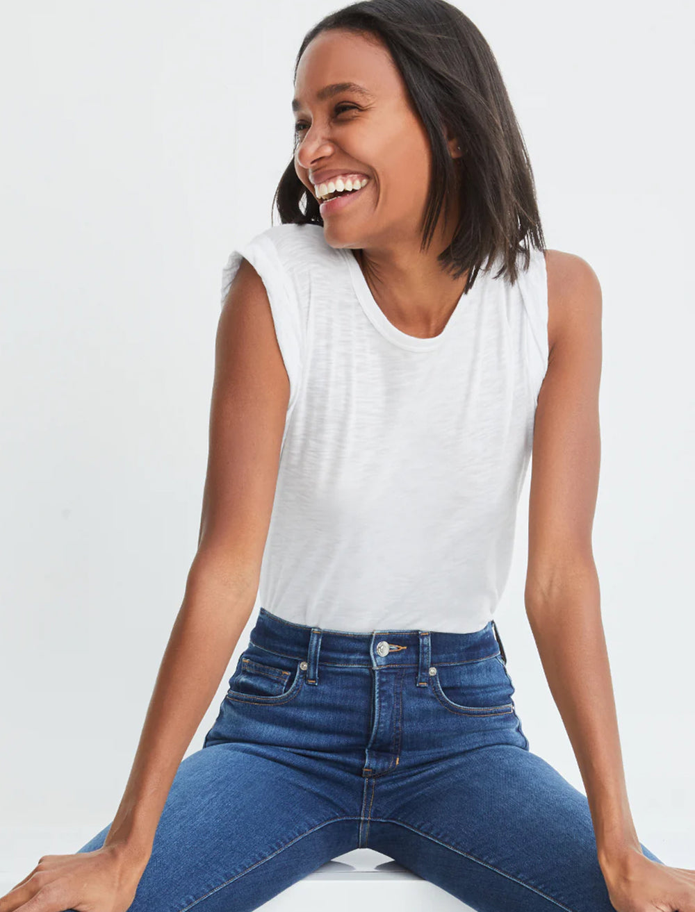 Close-up view of Veronica Beard's dree muscle tee in white.