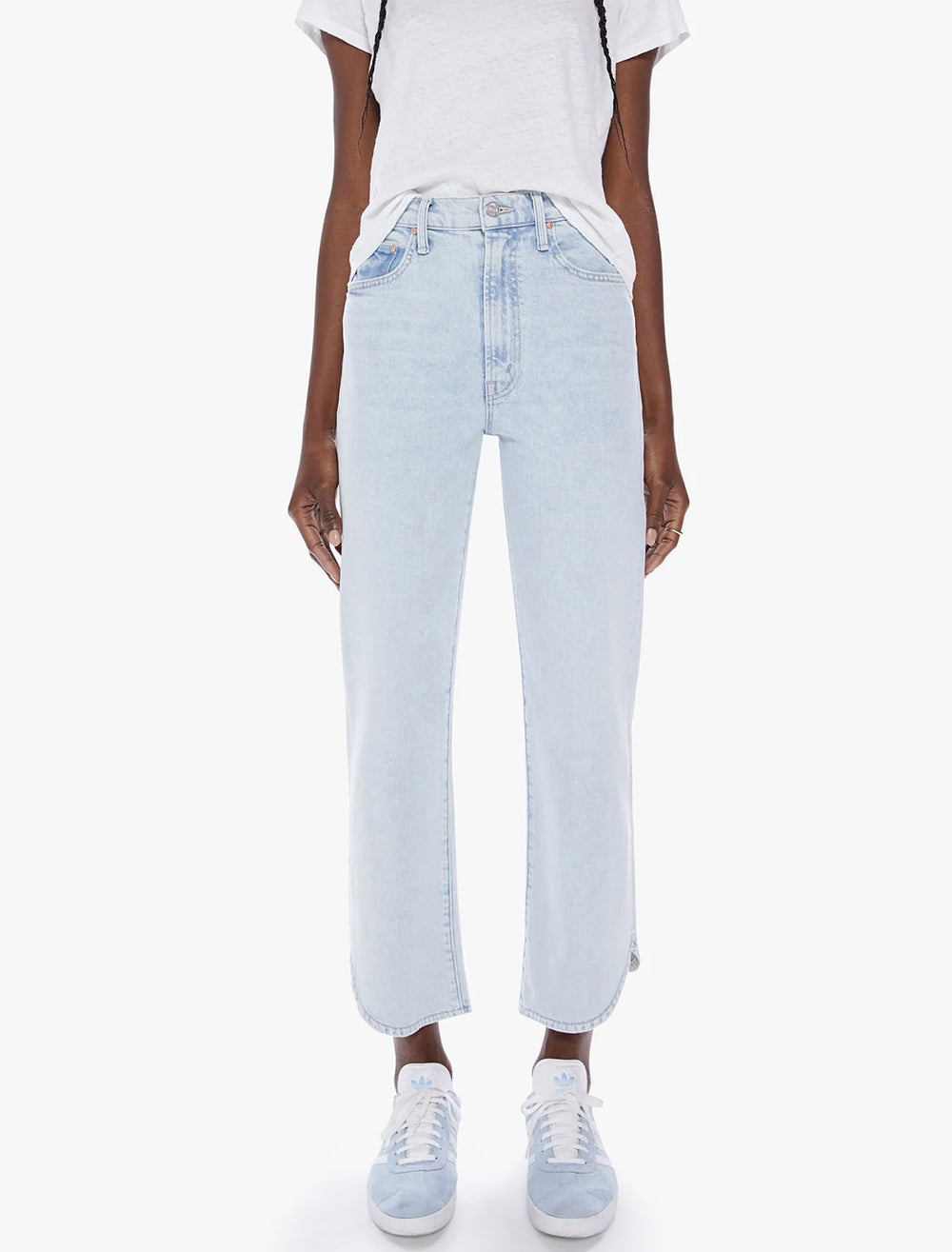 Model wearing Mother Denim's rambler zip matinee ankle in i do declare.