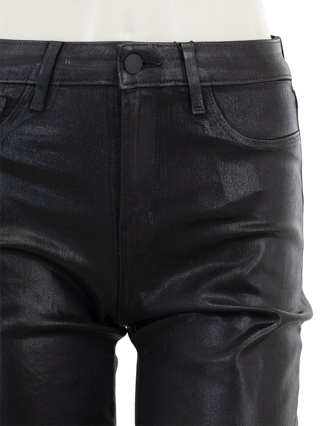 Close-up view of L'agence's ginny high rise straight in noir coated with back zip.