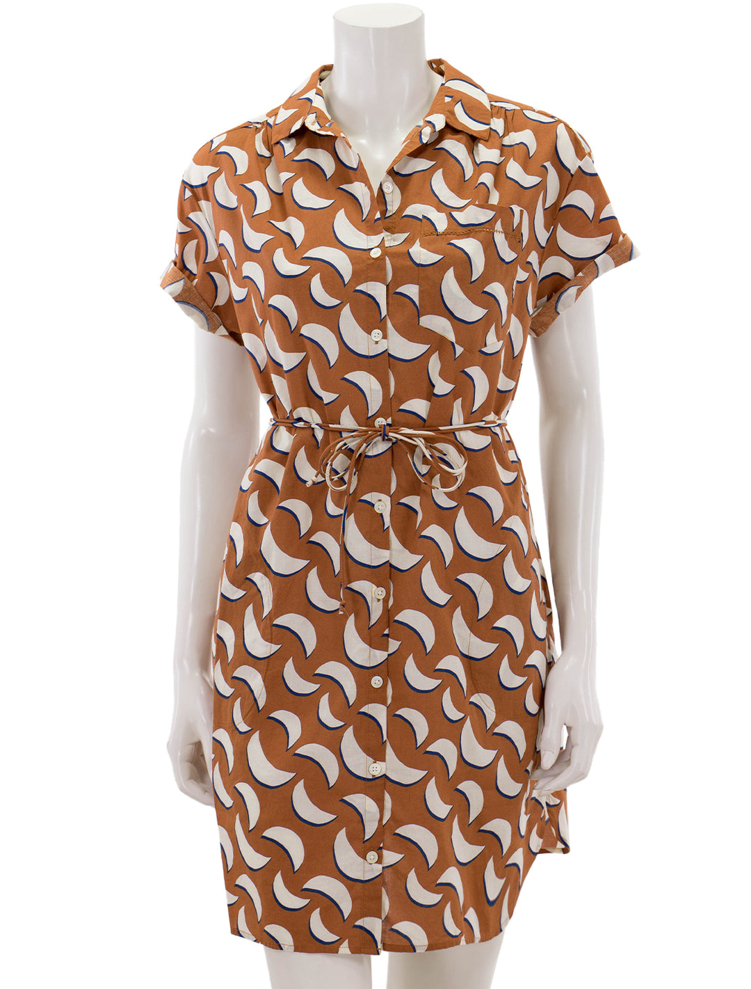 Front view of Lilla P.'s short sleeve shirt dress in adobe print, tied at waist with optional tie belt.