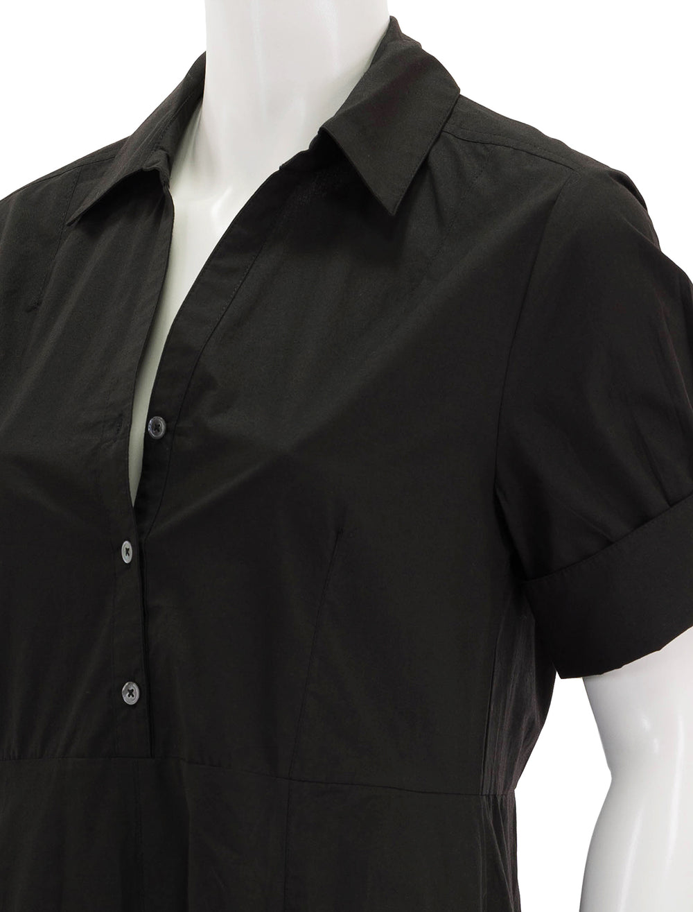 close up view of collared maxi dress in black colorblock