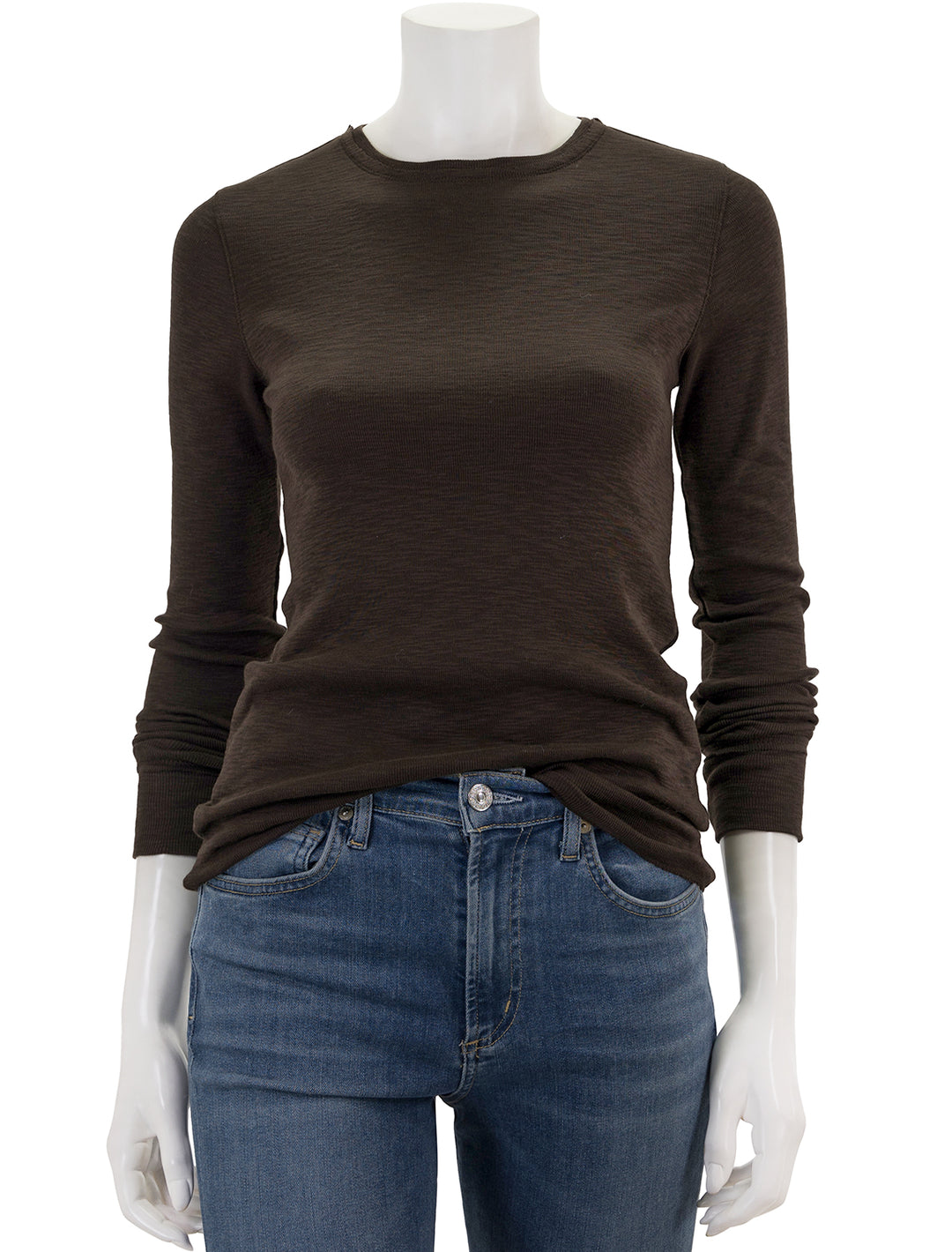 Front view of Lilla P.'s long sleeve raw edge crew in java.