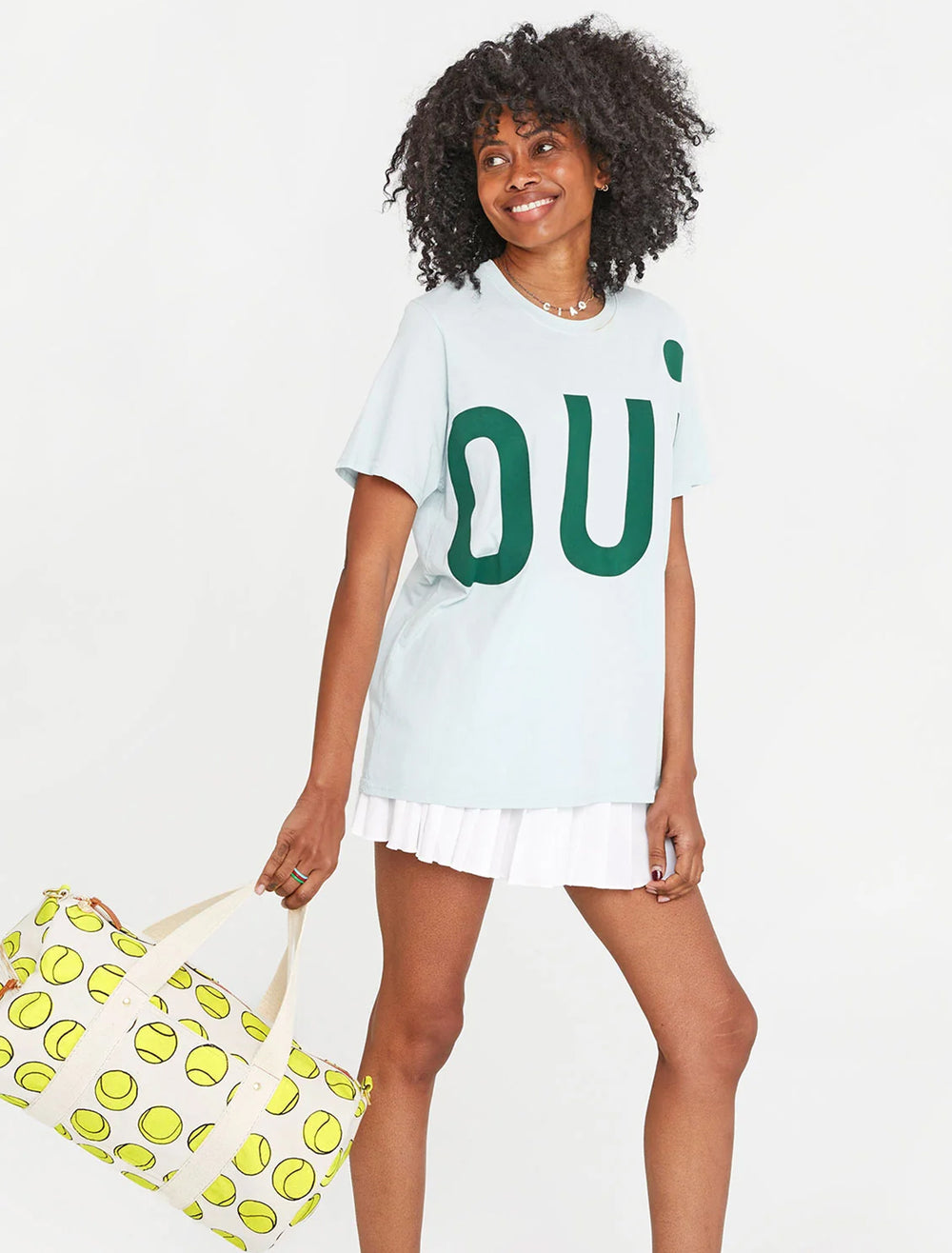 Model wearing Clare V.'s original tee in sky blue.