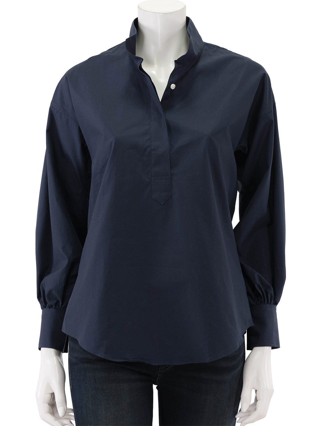 Front view of Ann Mashburn's anaya popover in navy poplin.