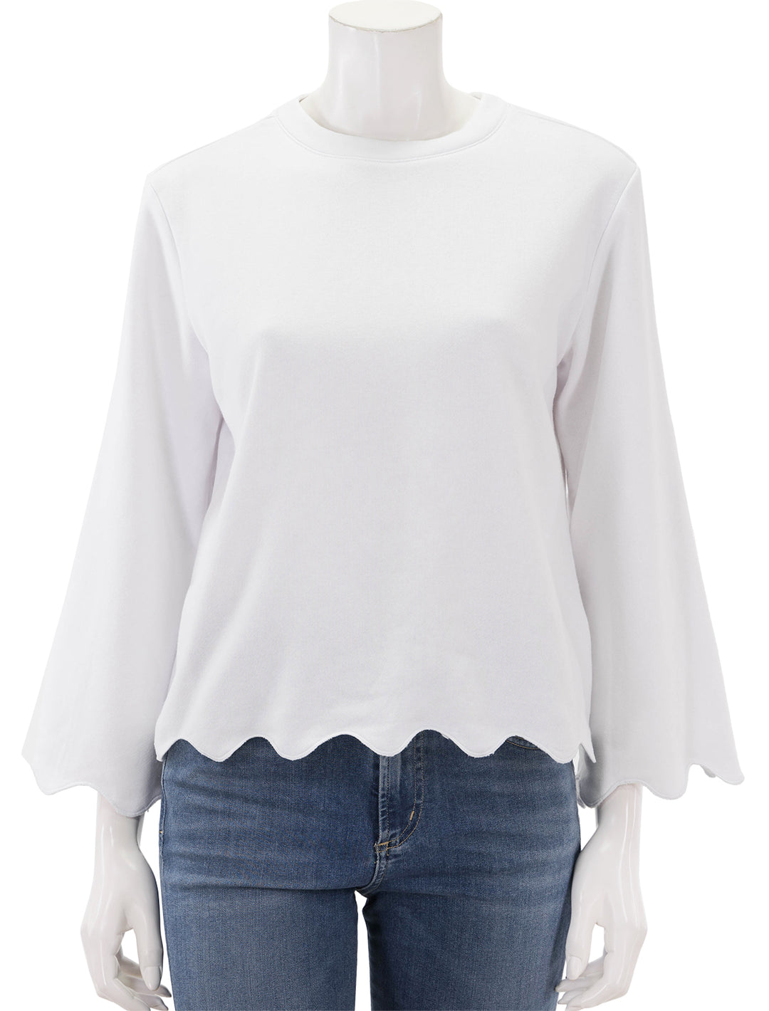 Front view of Splendid's nori scallop trim sweatshirt in white.