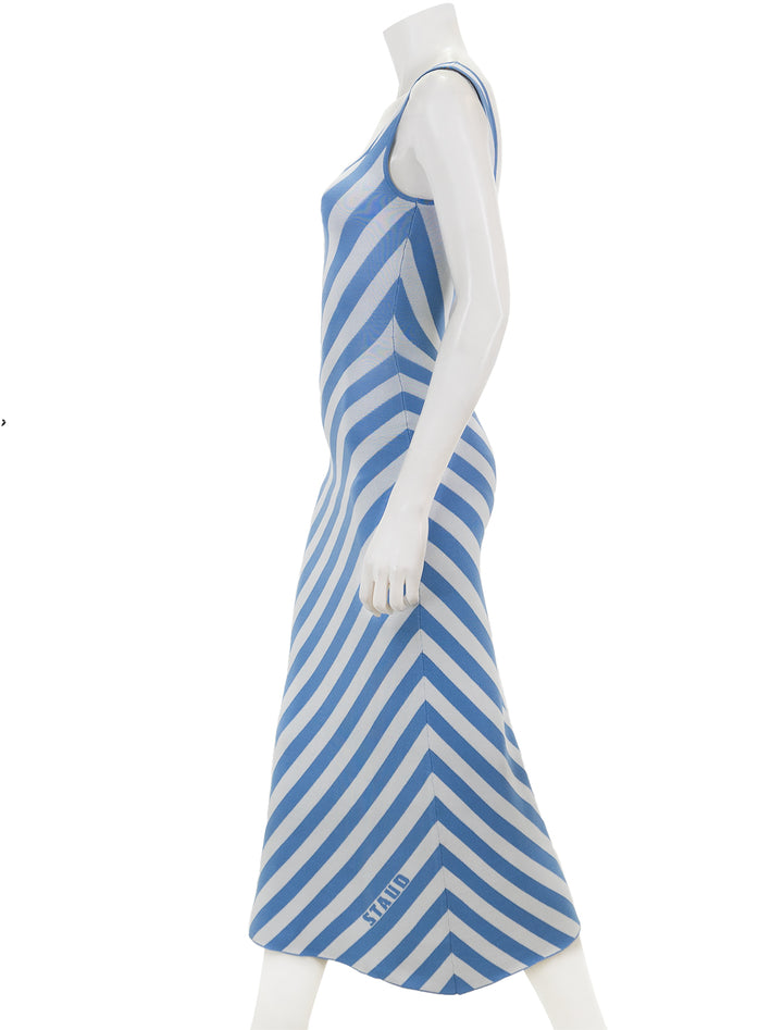 Side view of STAUD's katie dress in blue seashore stripe.