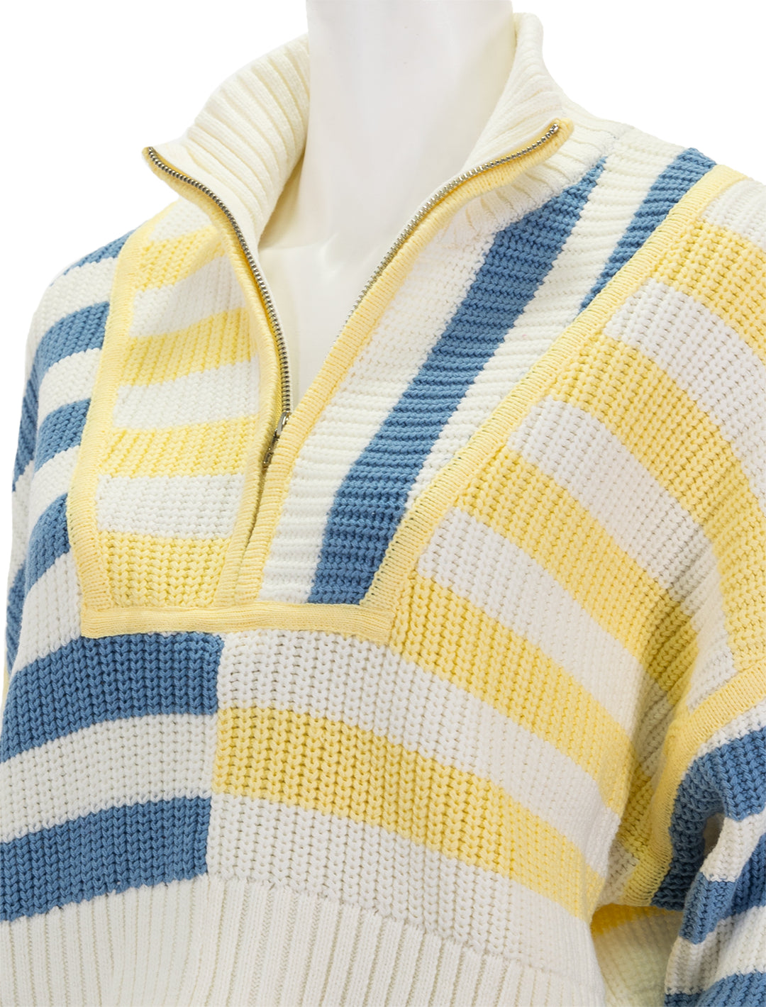 Close-up view of STAUD's cropped hampton sweater in buttercup seashore stripe.