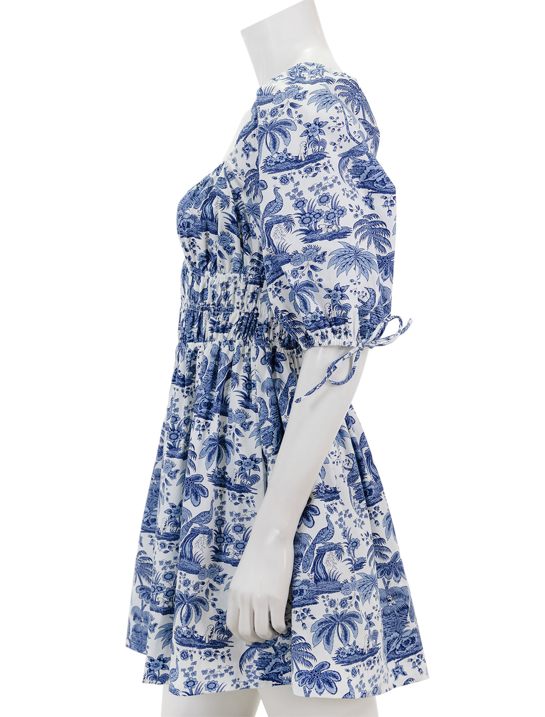 Side view of STAUD's mini faye dress in blue toile.