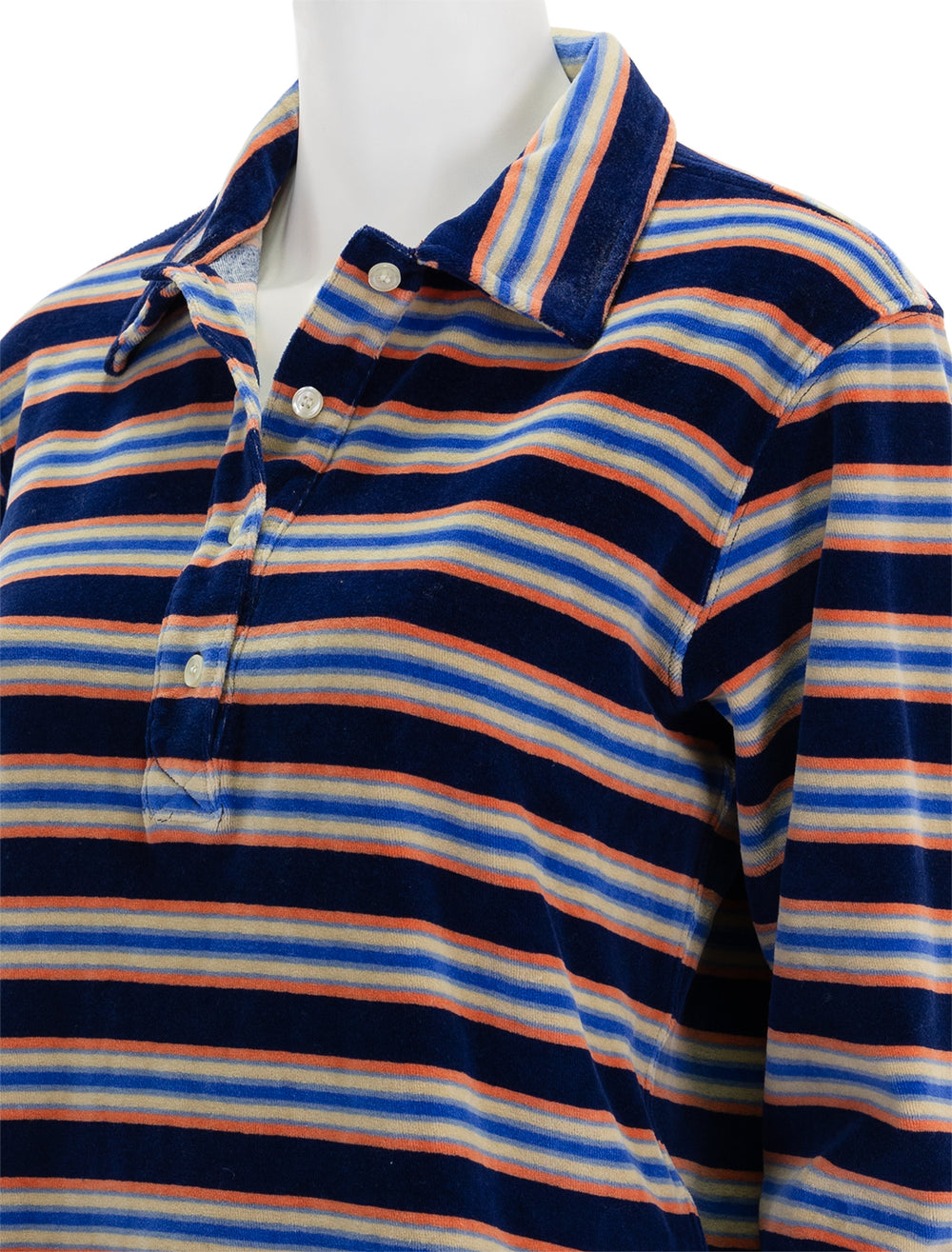 Close-up view of The Great's Rugby Sweatshirt in Scrimmage Stripe.