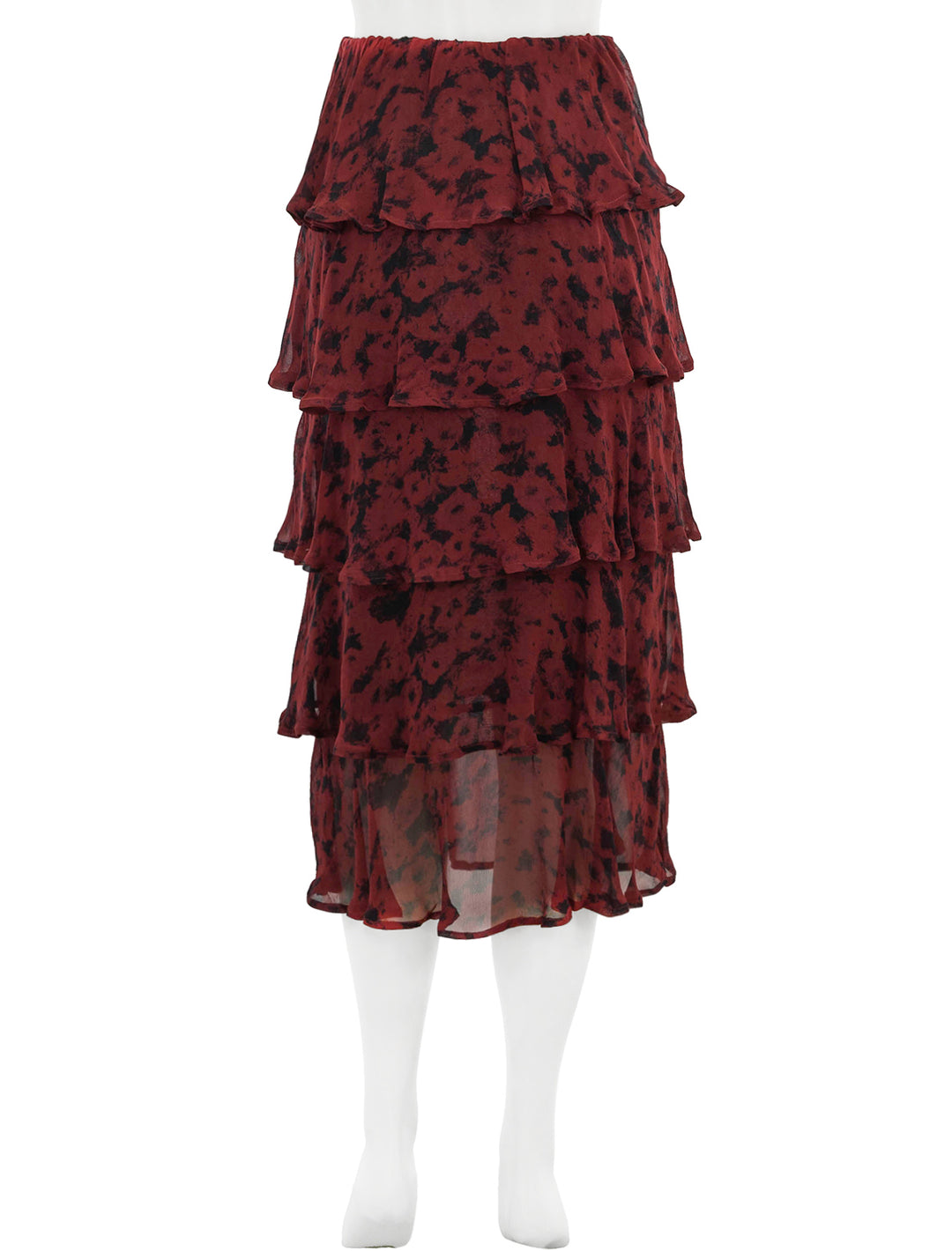 Back view of GANNI's tiered skirt in syrah.
