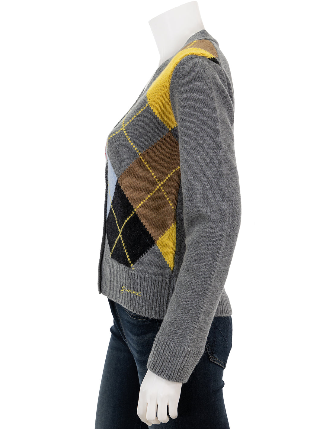 Side view of GANNI's harlequin wool cardigan in frost grey.