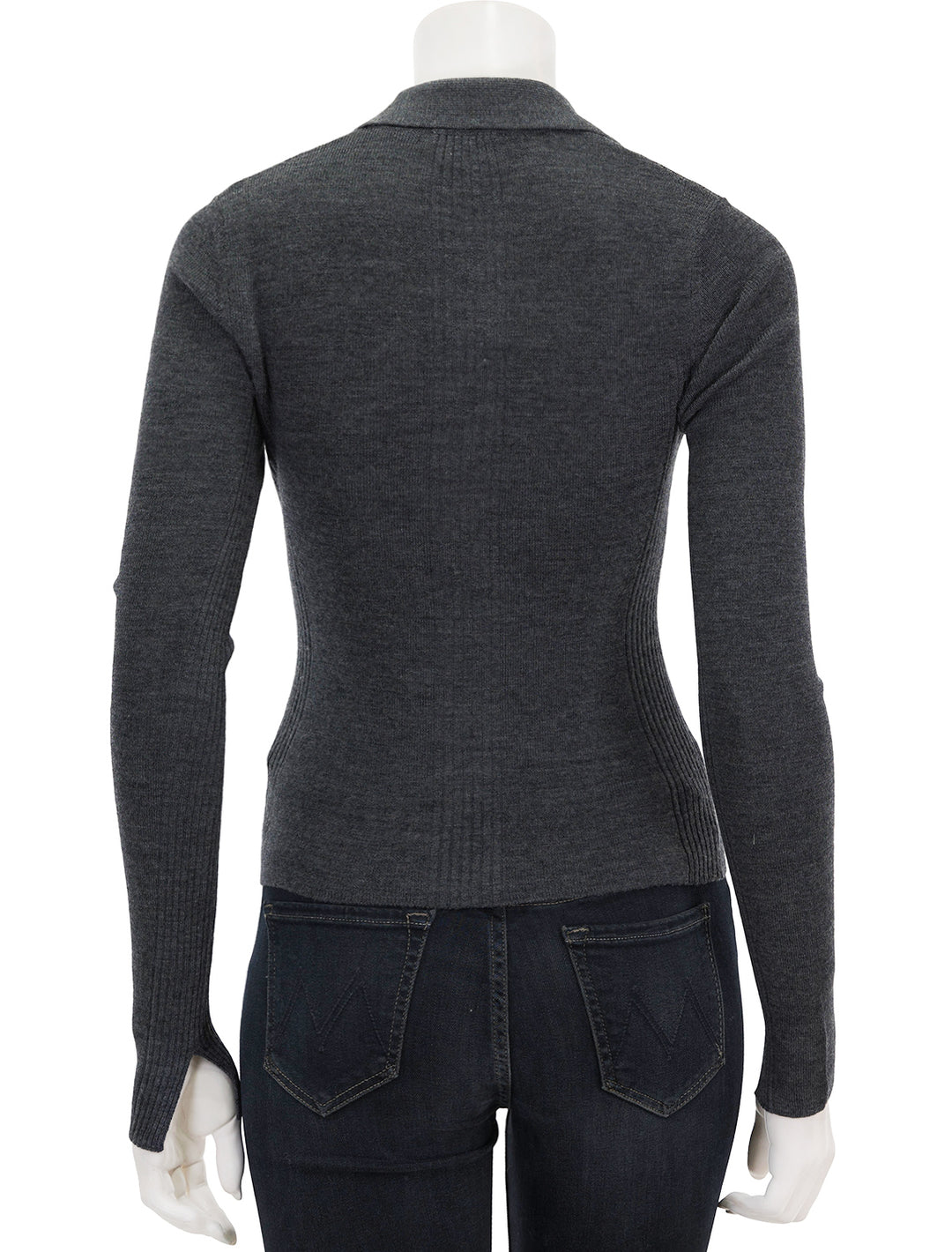 Back view of GANNI's mini ribbed merino polo in frost grey.