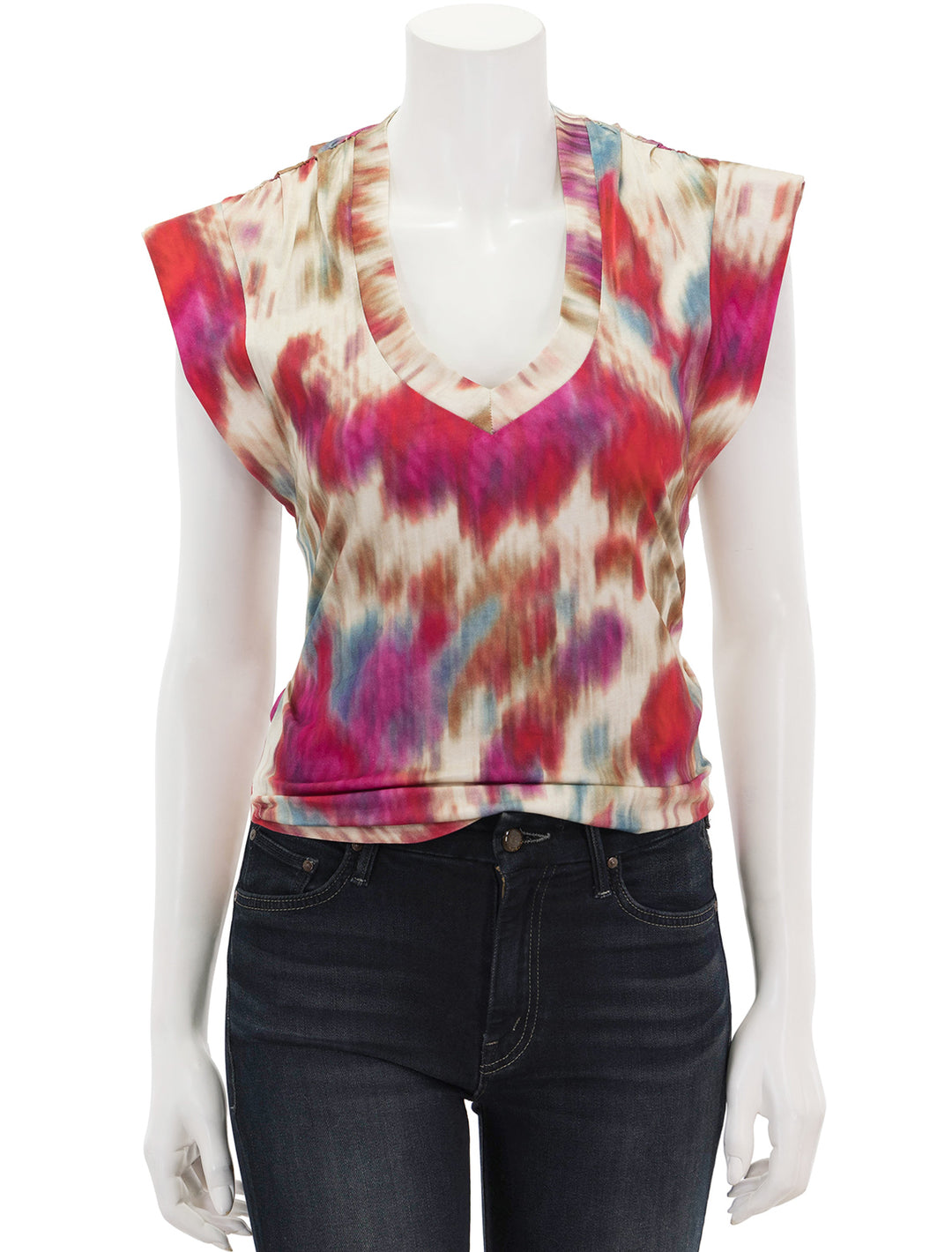 Front view of Isabel Marant Etoile's zilen top in beige and raspberry print.