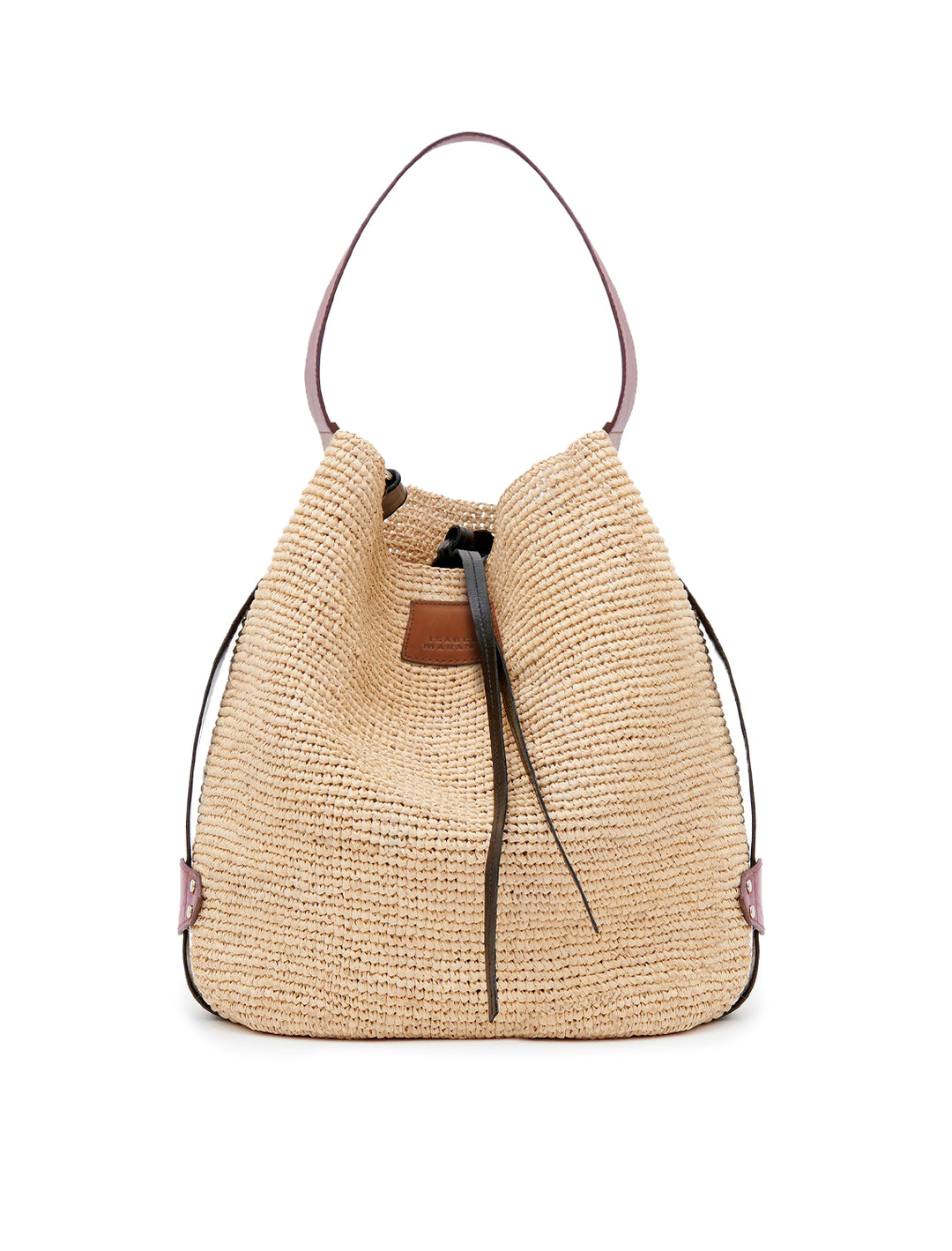 Front view of Isabel Marant Etoile's bayia bag in natural and cognac.