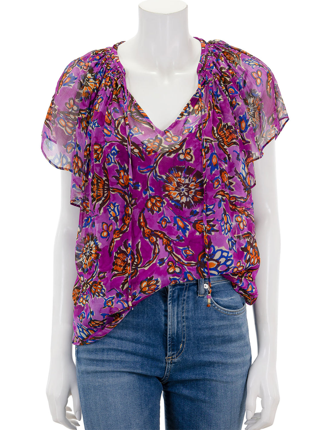 Front view of Vanessa Bruno's cantin top in violet floral.