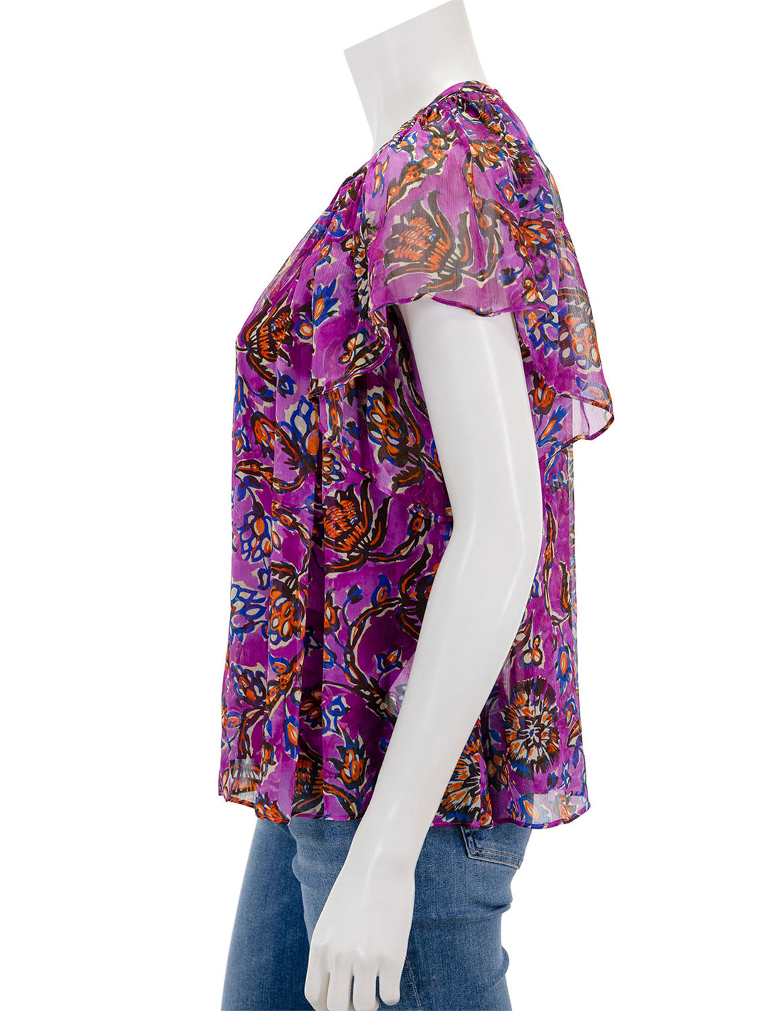 Side view of Vanessa Bruno's cantin top in violet floral.