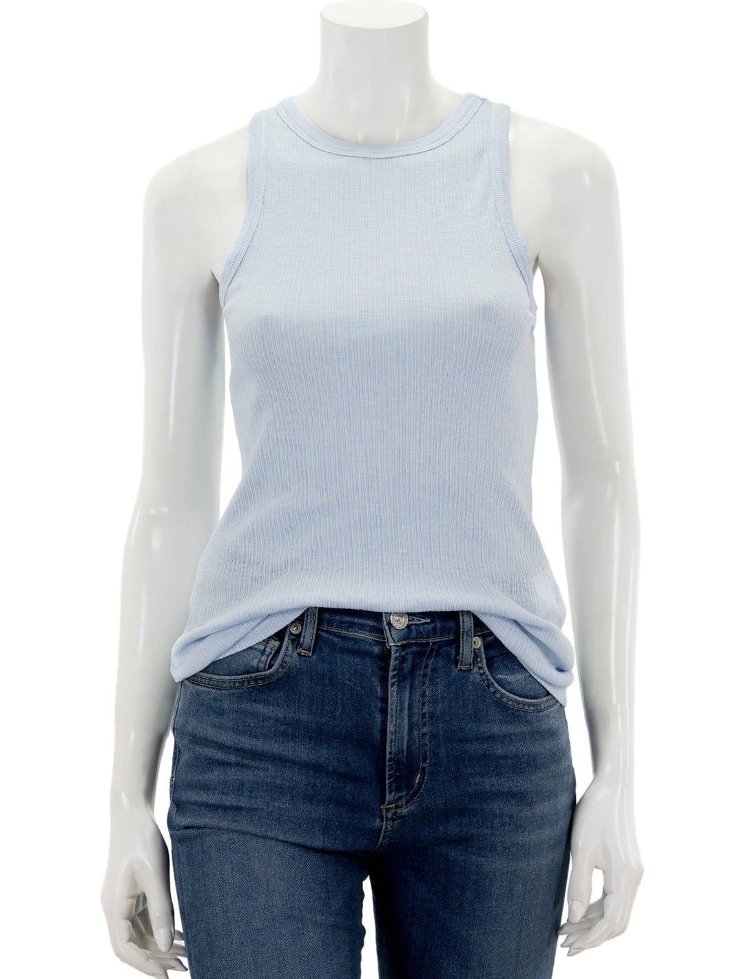 Front view of Sundry's high neck tank in pigment sky.