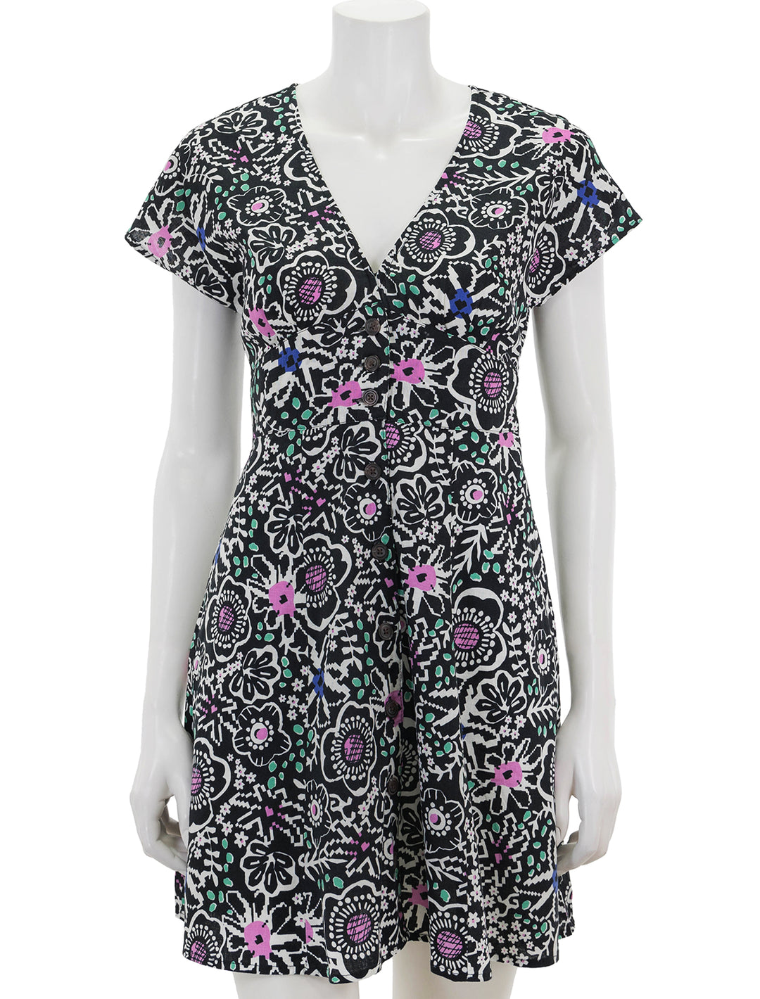 Front view of Marine Layer's camila mini dress in floral block print.