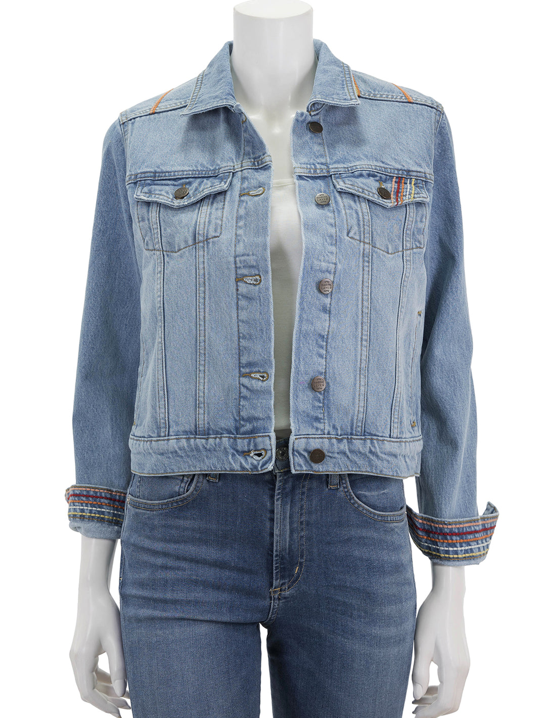 Front view of Marine Layer's embroidered denim jacket in light denim.