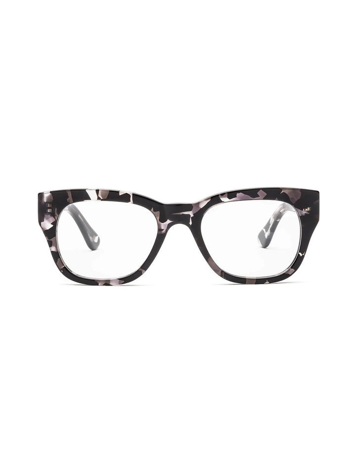 Front view of Caddis' miklos readers in black tort.