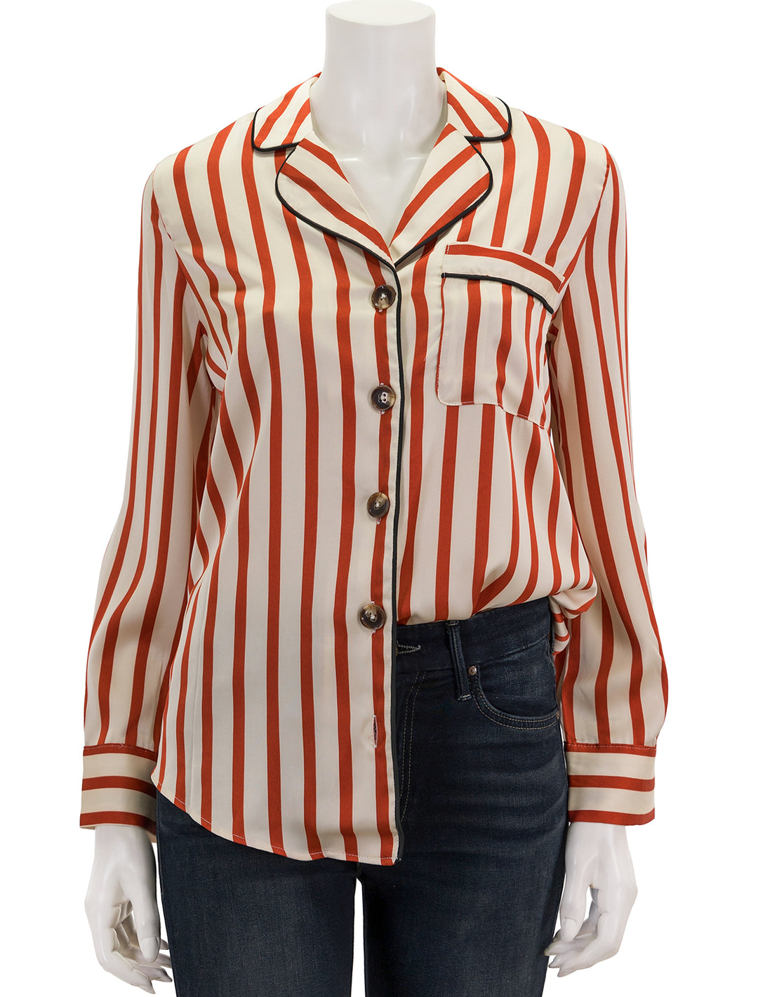Front view of English Factory's striped satin shirt with piping.