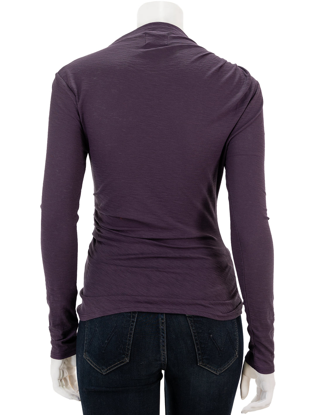 Back view of Nation LTD's charlotte asymmetric gathered tee in fig jam.