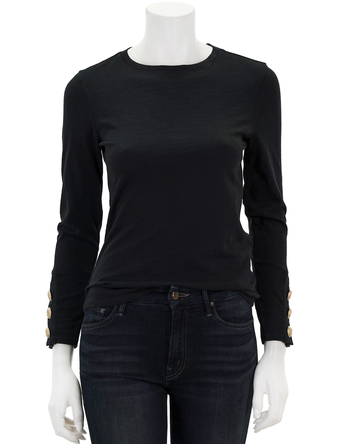 Front view of Nation LTD's kiana crew with button cuff detail in jet black.