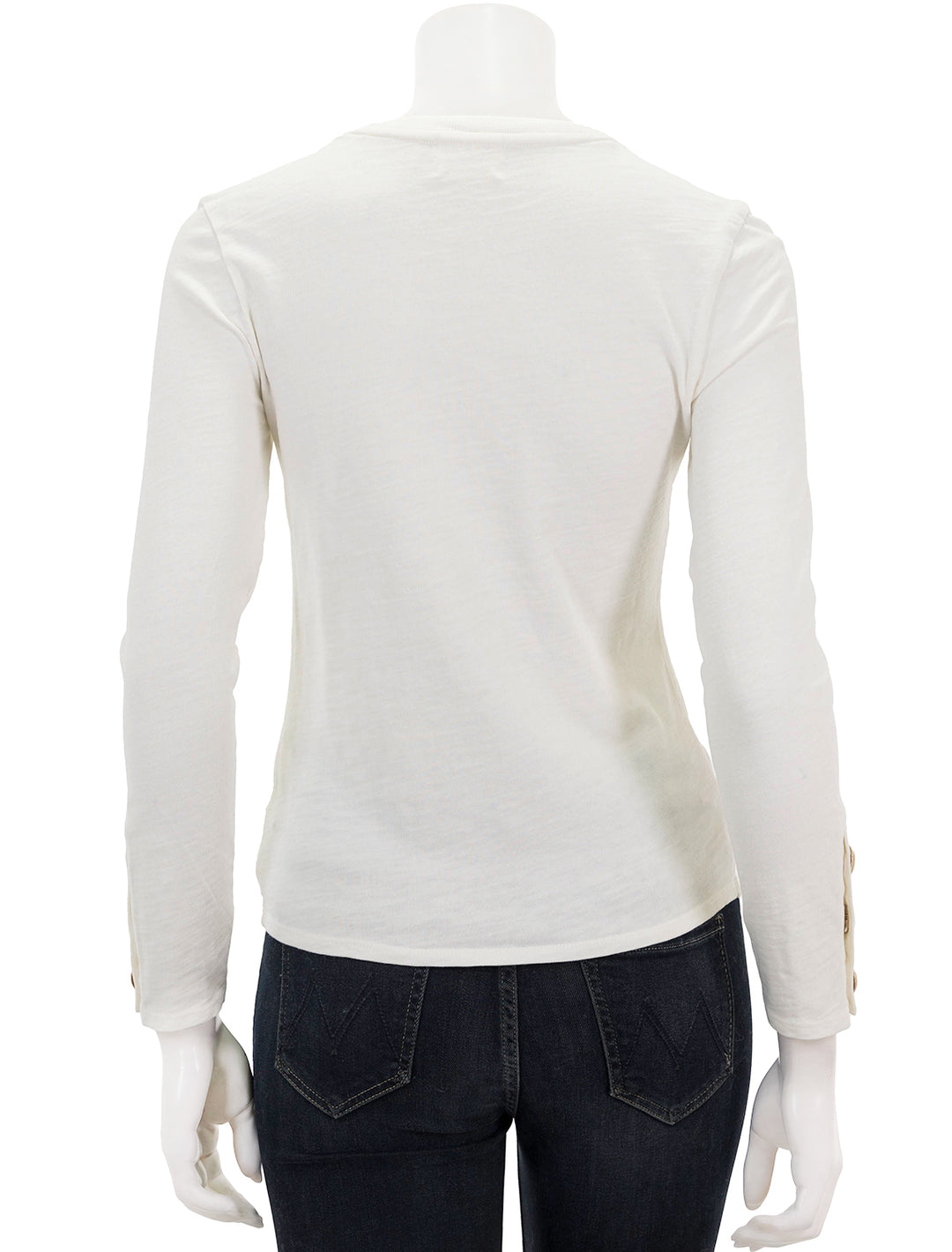 Back view of Nation LTD's kiana crew with button cuff detail in off white.