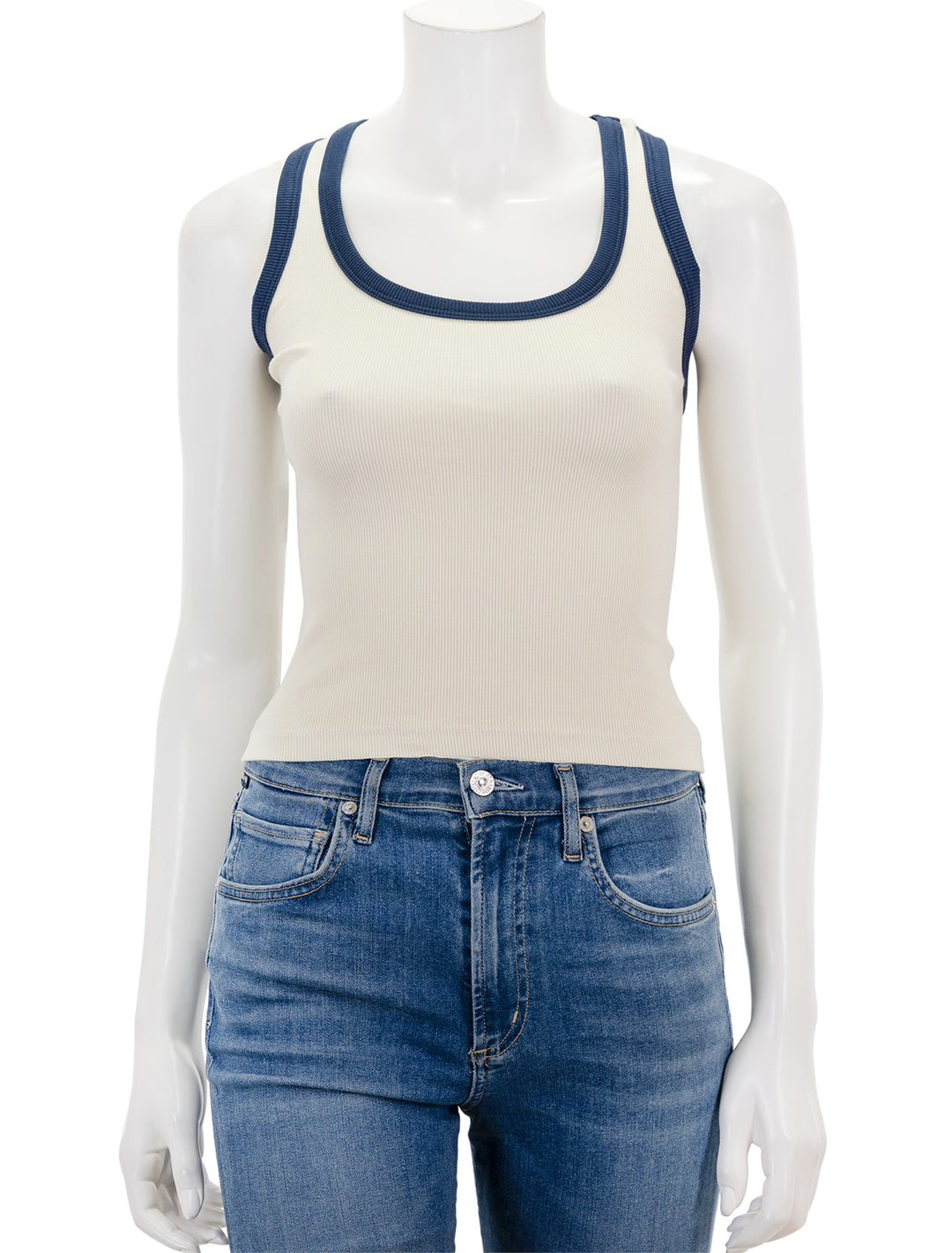 Front view of Sundry's scoopneck crop tank in cream and navy.