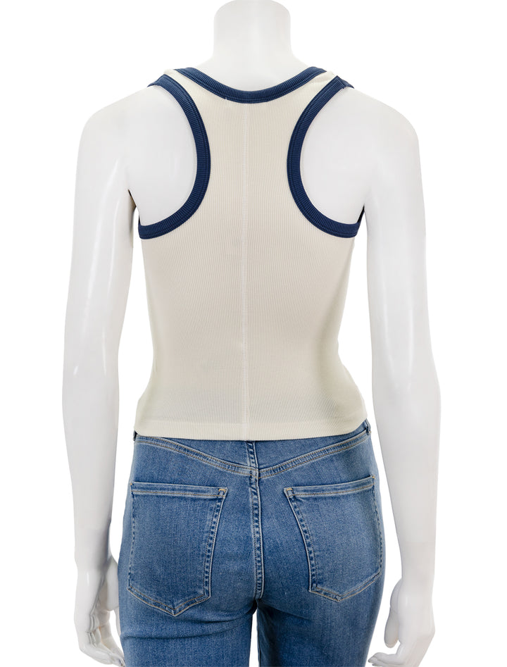 Back view of Sundry's scoopneck crop tank in cream and navy.