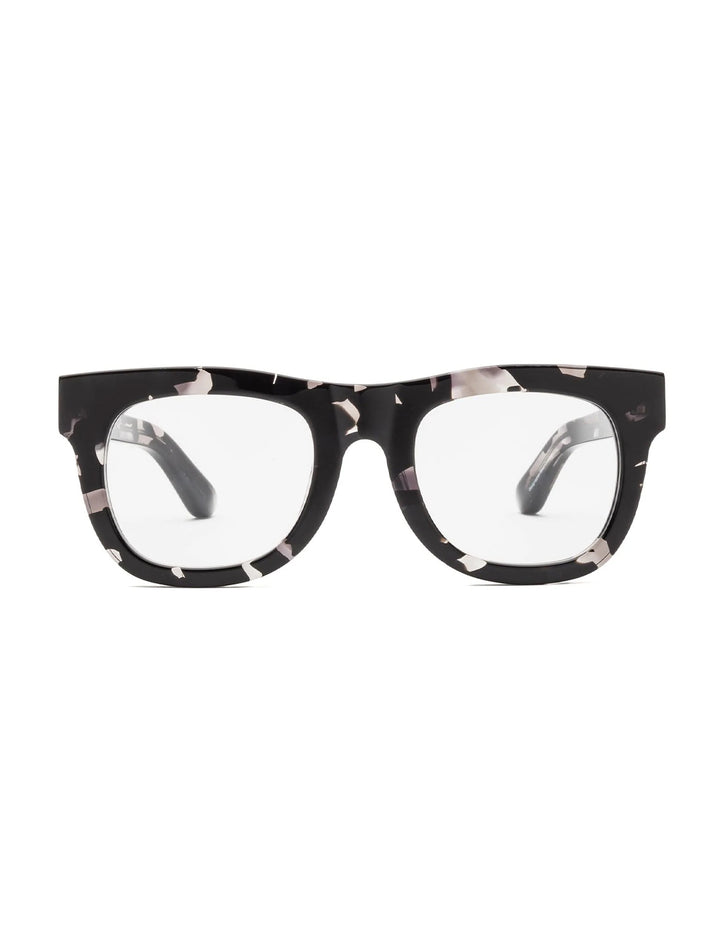 Front view of Caddis' D28 in black tortoise.