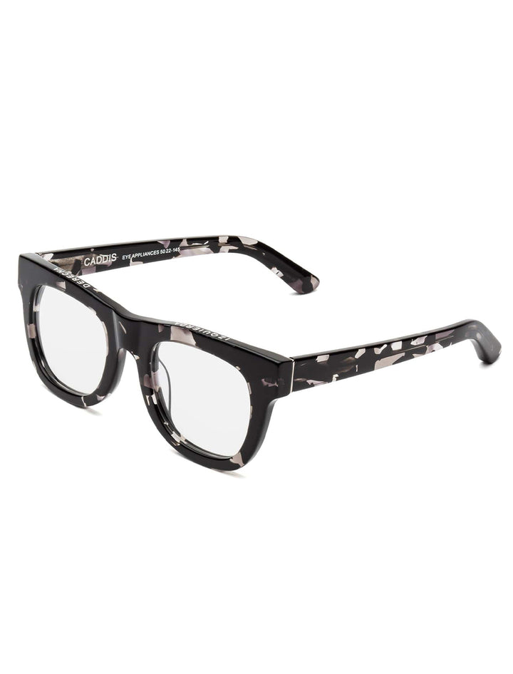 Side angle view of Caddis' D28 in black tortoise.