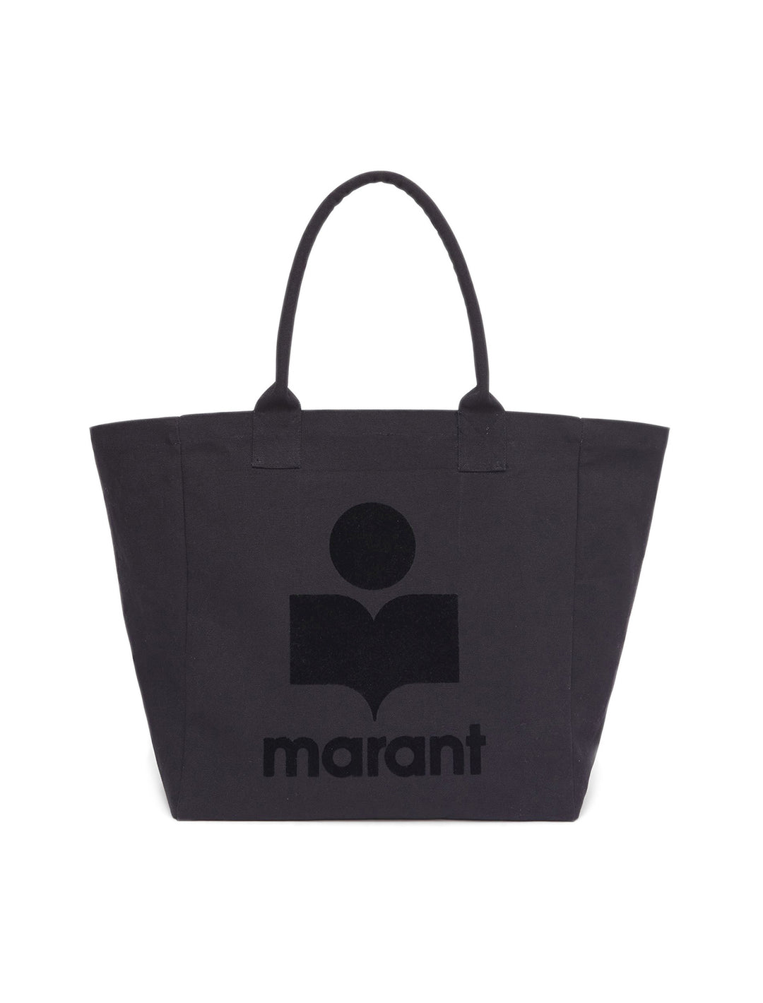 Front view of Isabel Marant Etoile's yenky tote in black with flocked logo.