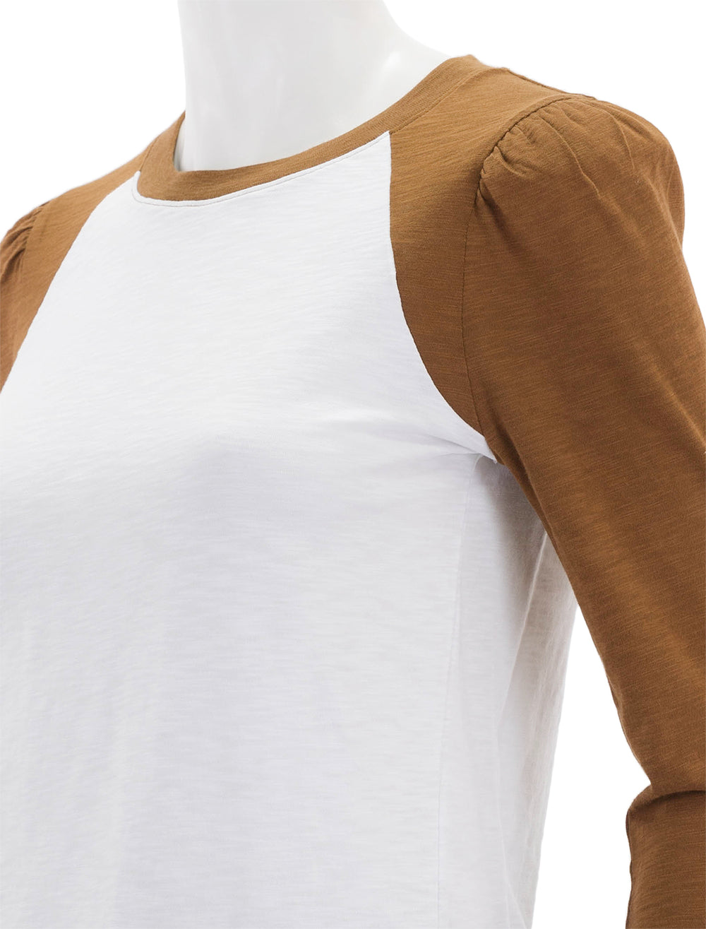 Close-up view of Veronica Beard's mason baseball tee in white and ochre.