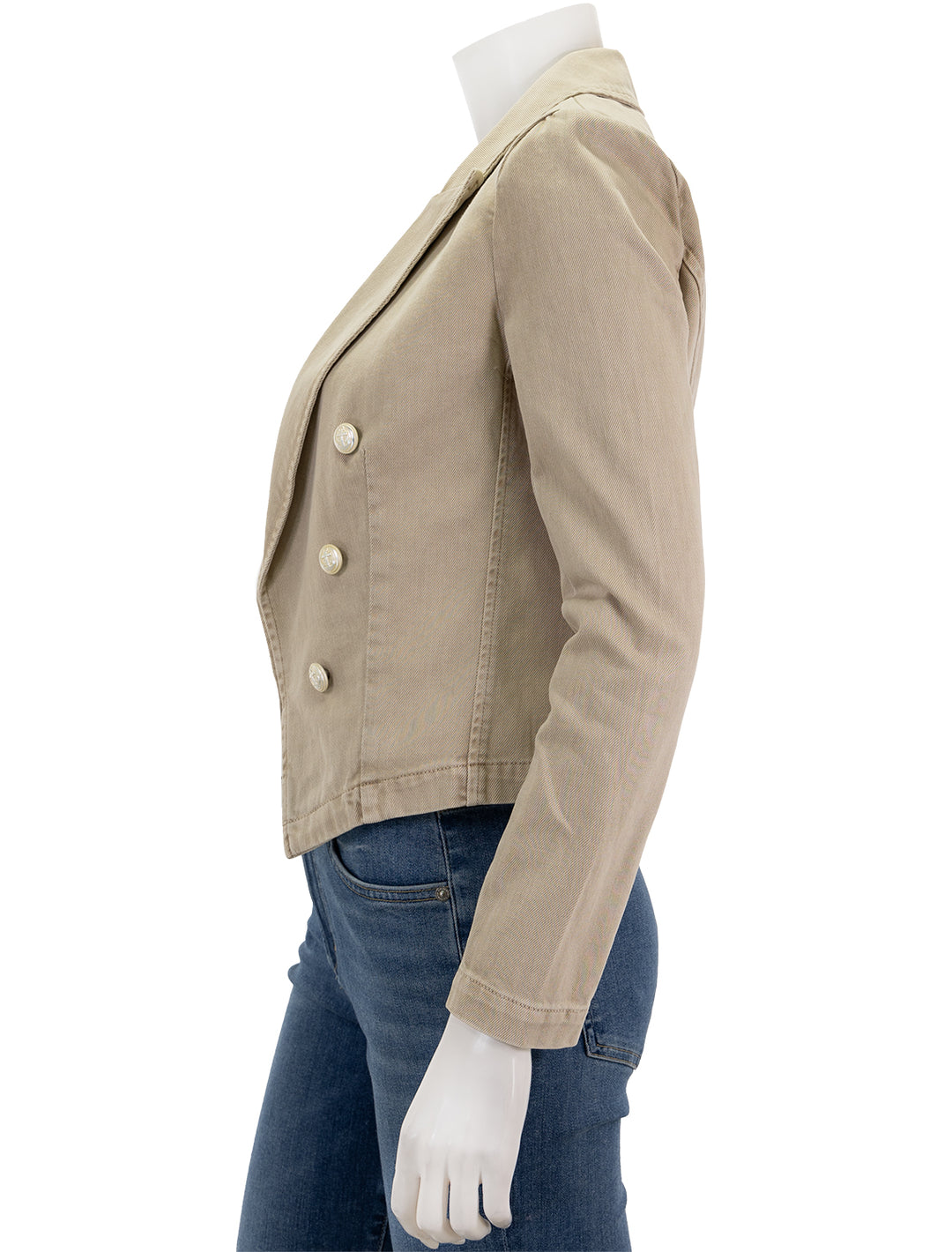 Side view of L'agence's wayne crop jacket in sand dune.