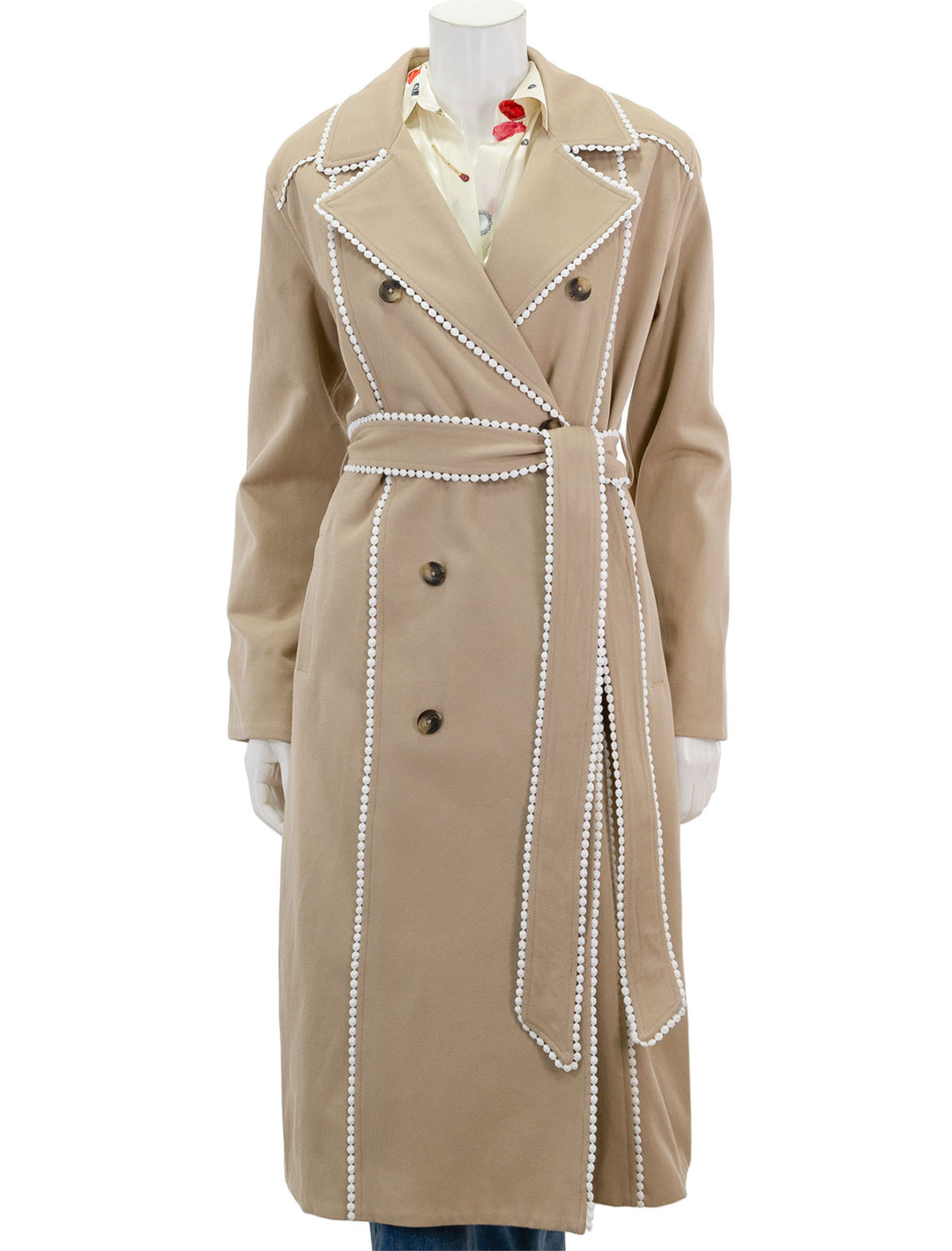 front view of venus trench with trim in almond