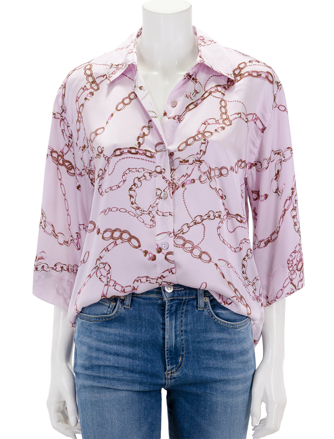 Front view of L'agence's patrice in lilac snow in sketch chain print.