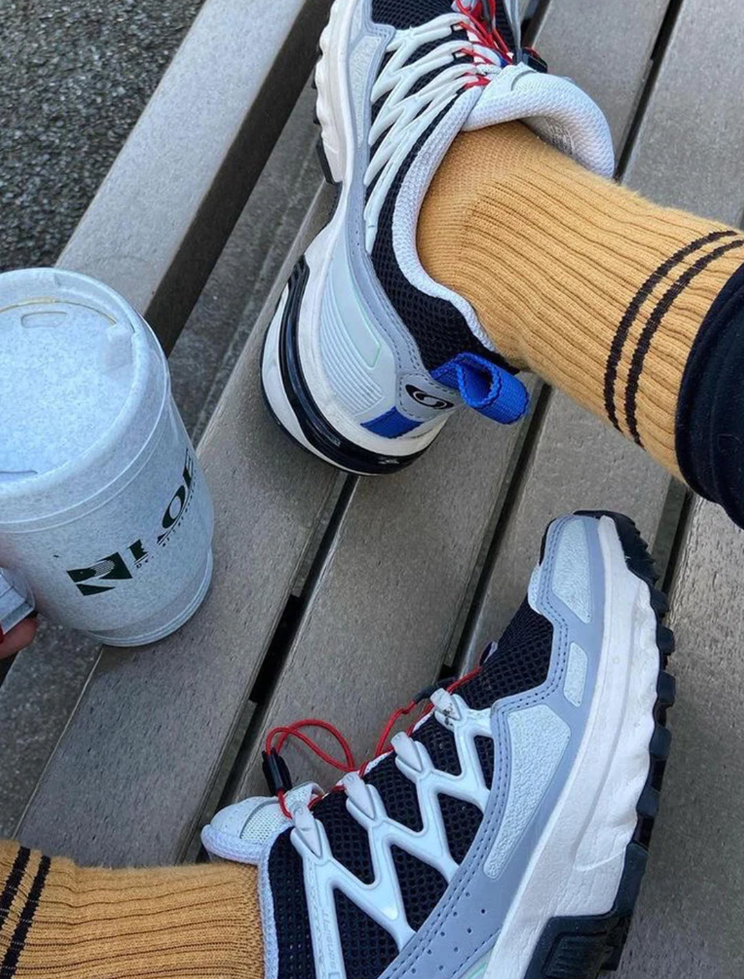 Model wearing Le Bon Shoppe's boyfriend socks in biscotti.