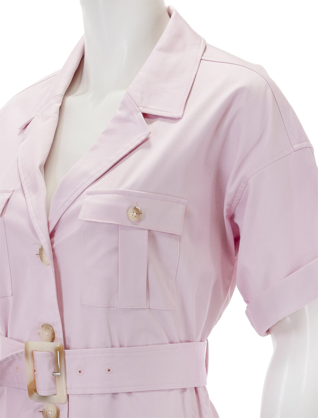 Close-up view of L'Agence's everest safari shirt dress in lilac snow.