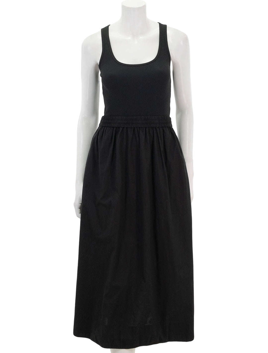 front view of sadelle combo midi dress in jet black