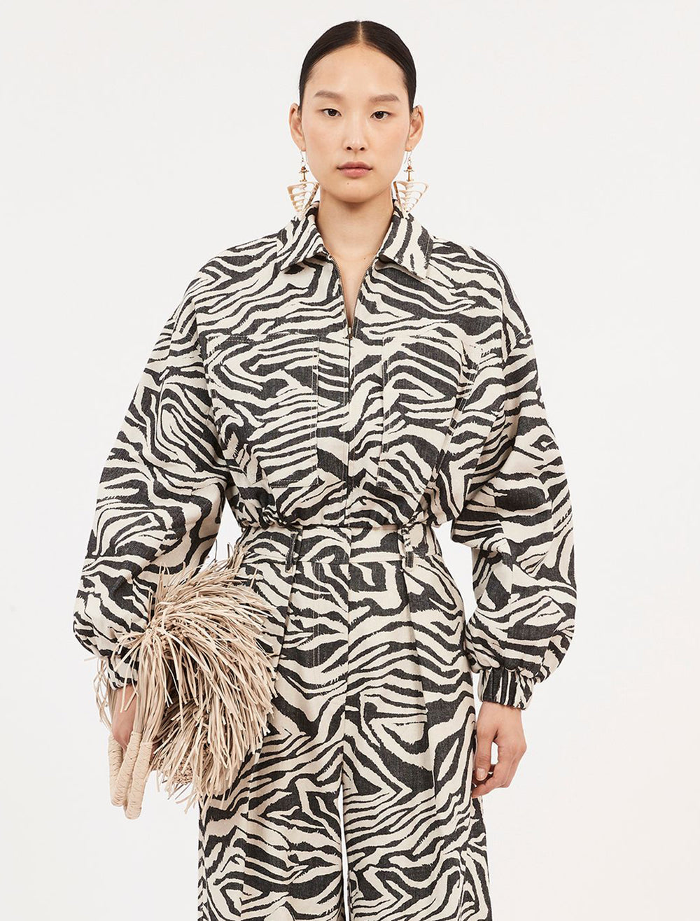 Model wearing Ulla Johnson's Ariele Jacket in Zebra.