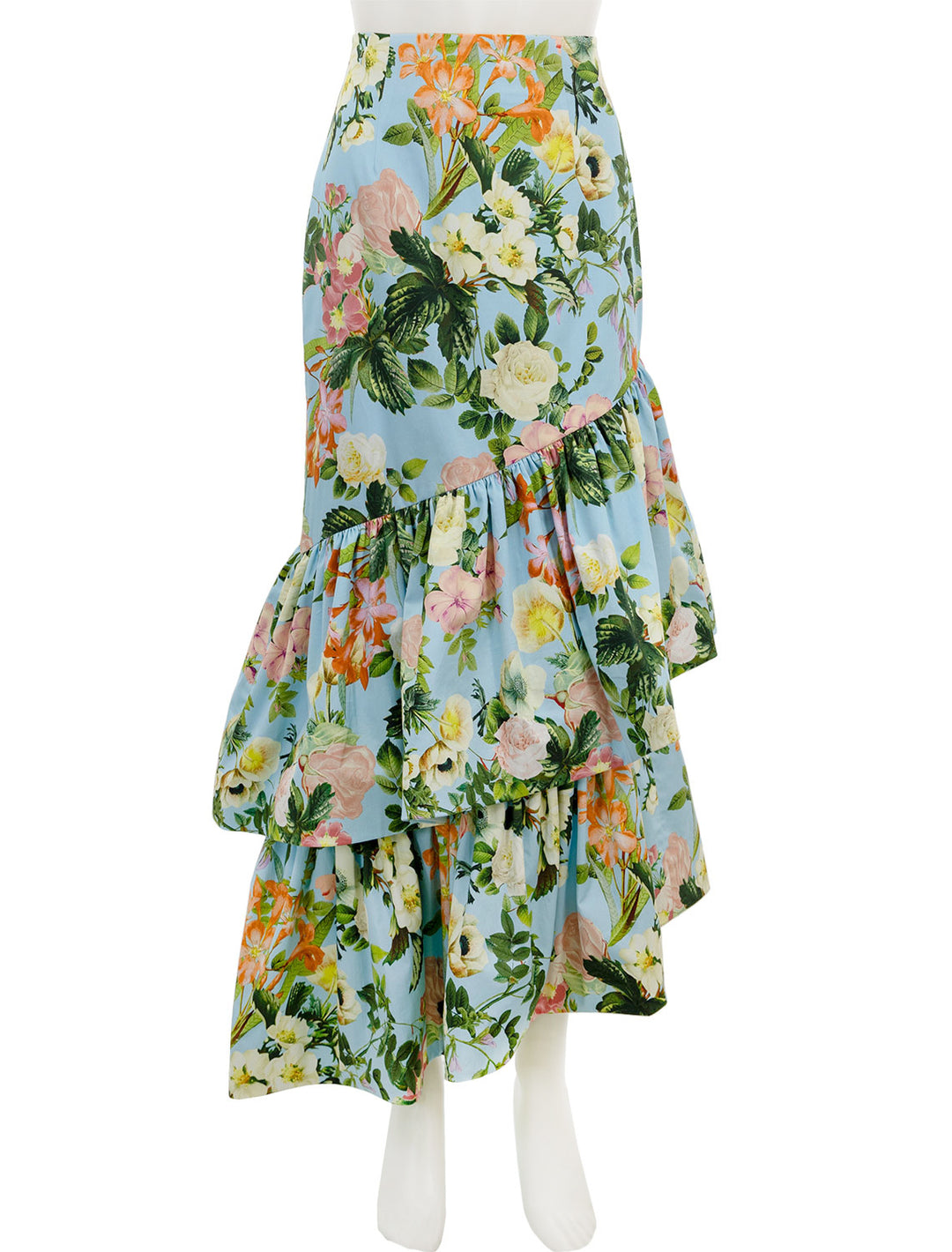 Front view of Cara Cara's perla skirt in light blue kingston floral.