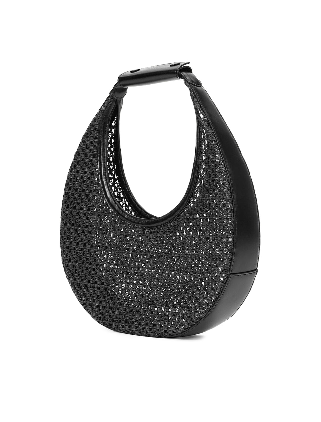 Front angle view of STAUD's moon woven raffia tote bag in black.