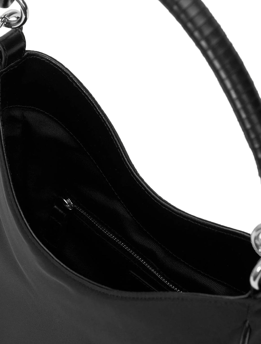 Close-up view of STAUD's mel bag in black nylon.