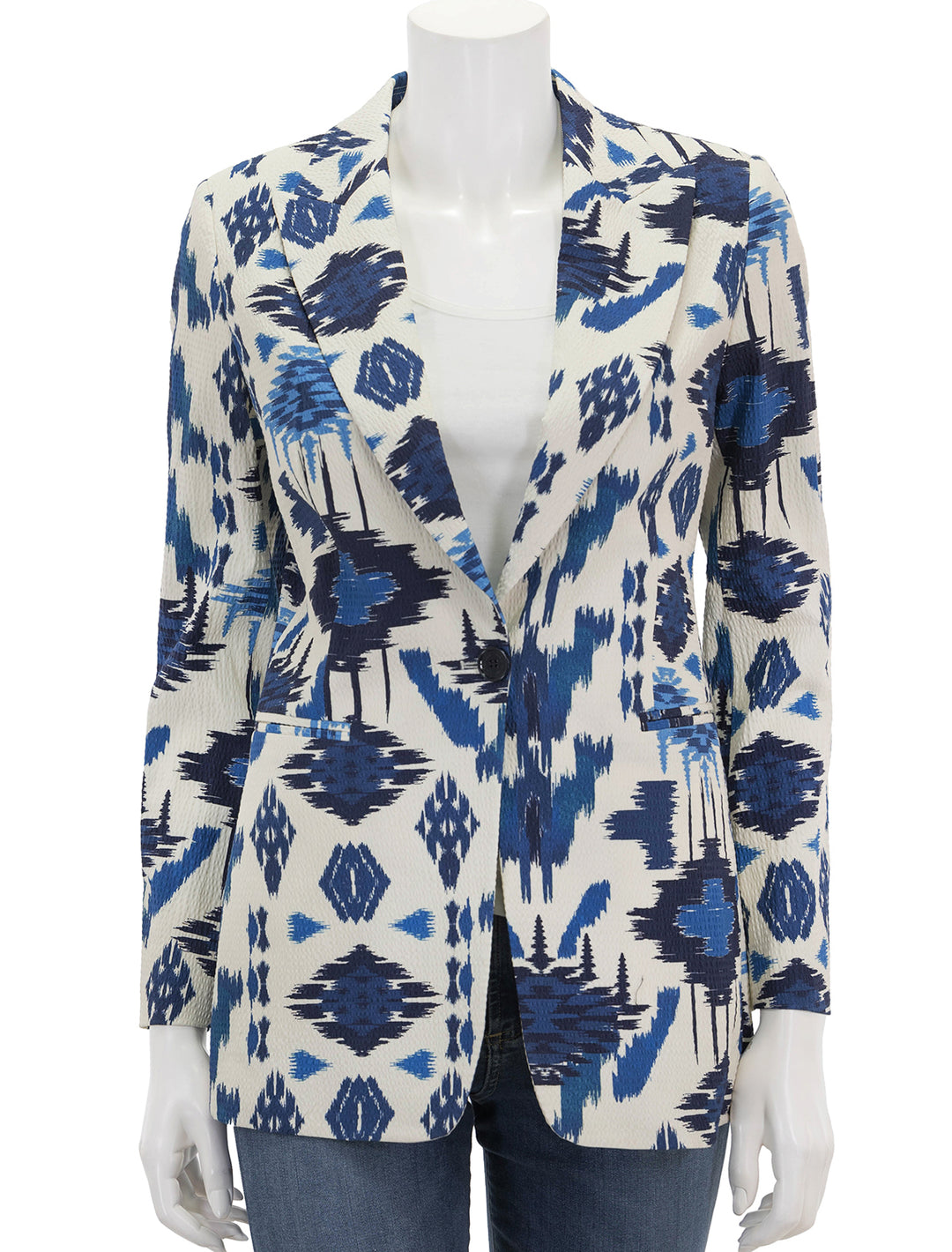 Front view of Vilagallo's sophia jacket in blue ikat.