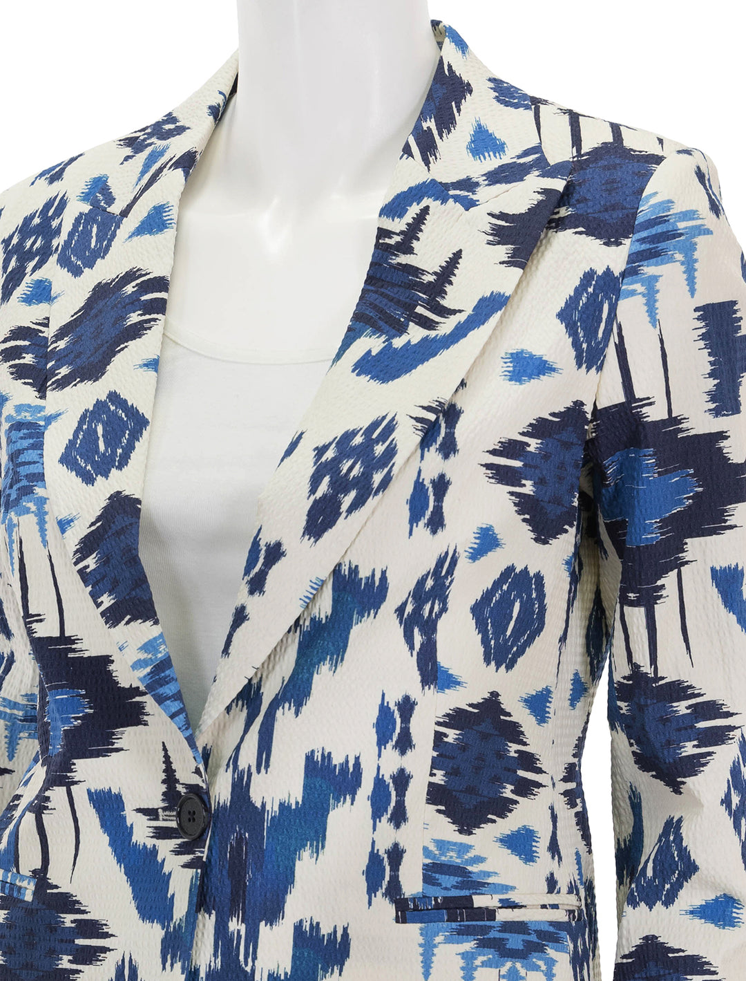 Close-up view of Vilagallo's sophia jacket in blue ikat.