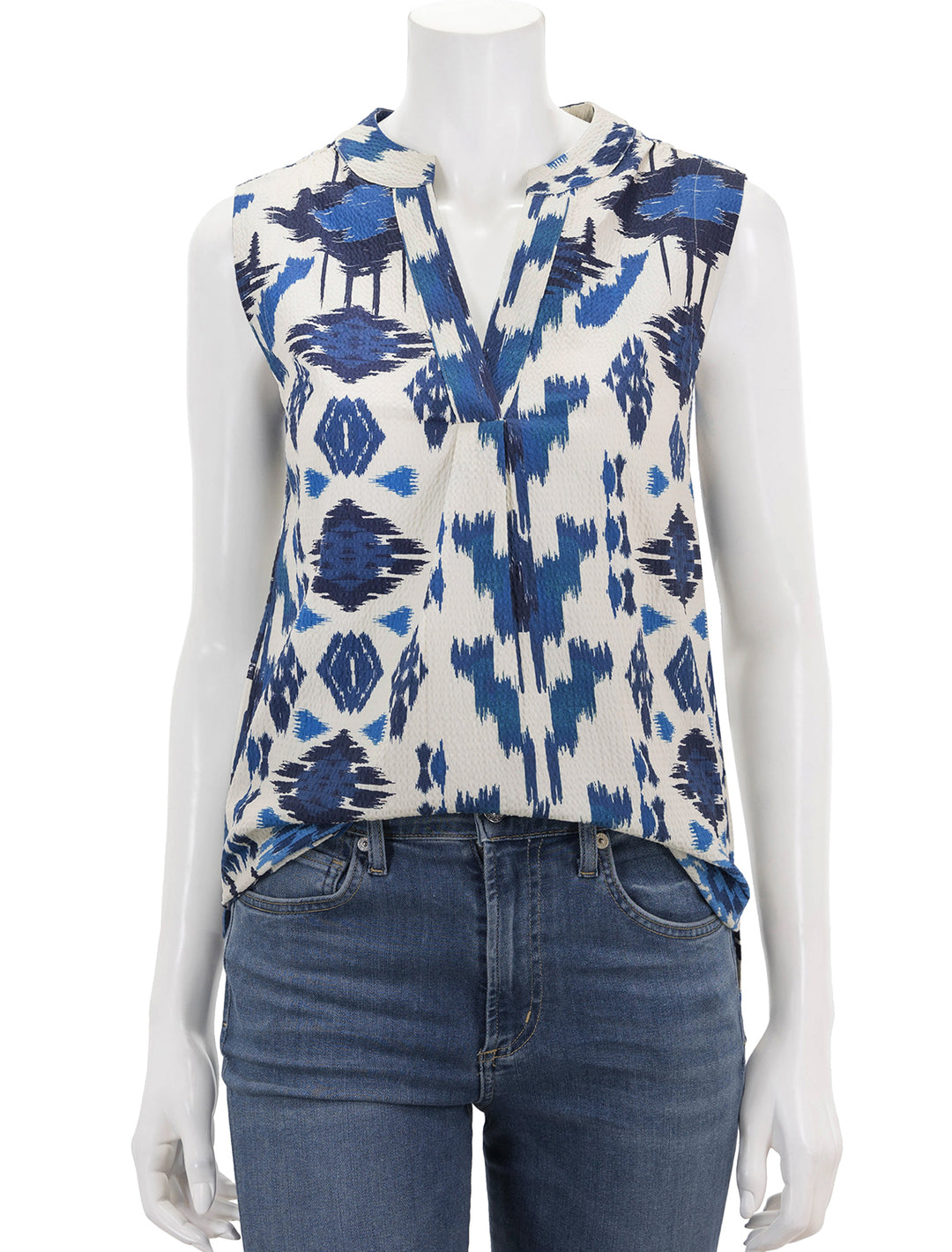 Front view of Vilagallo's fiorella top in blue ikat.